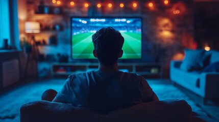 Man watching a football match on TV in a cosy room.
Used for illustrations of home leisure activities, TV adverts, articles about sports and family holidays.