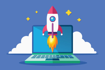 Rocket Launch From Laptop Screen Inspires Digital Startup Energy And Space Exploration In Blue Background Illustration