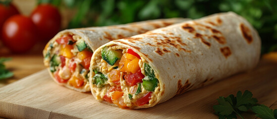 Delicious vegetarian rolls with vegetables and sauce on a wooden board.
Ideal for healthy eating articles, cookery blogs and restaurant adverts.