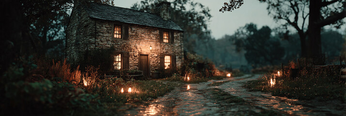 Fototapeta premium Mysterious dimly lit stone cottage with lanterns along a path in a forest at twilight