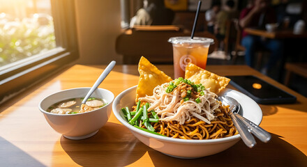 A delicious Asian noodle dish with dumplings and soup on a wooden table.