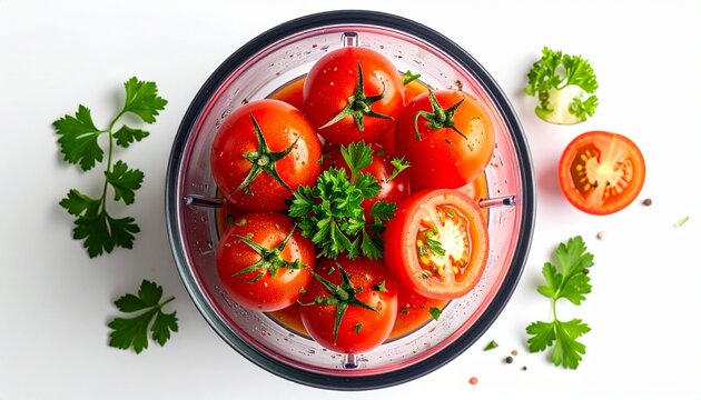 Fresh red tomatoes and vibrant green parsley in a blender, ready for making sauce or juice. Healthy cooking ingredients on a white background, top view. - Powered by Adobe