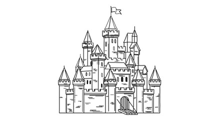 Obraz premium Detailed sketch of a majestic fairytale castle with towers and flags
