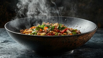 Hot dish with vegetables and meat in a black dish, steam rises, useful for cookery articles, recipes and restaurant reviews.
