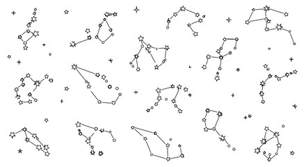 Hand drawn constellation illustration, featuring various star patterns and celestial maps
