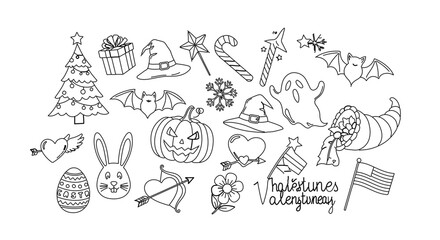 Hand drawn holiday doodles featuring christmas, halloween, valentines day, thanksgiving