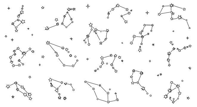 Hand drawn constellation illustration, featuring various star patterns and celestial maps