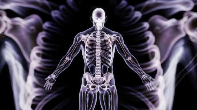 The human skeletal structure, a foundational element of the human body, illuminated against a dark background