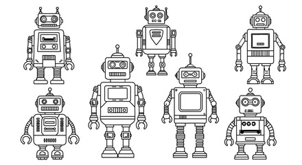 Fototapeta premium Collection of retro robot characters in a line art style design