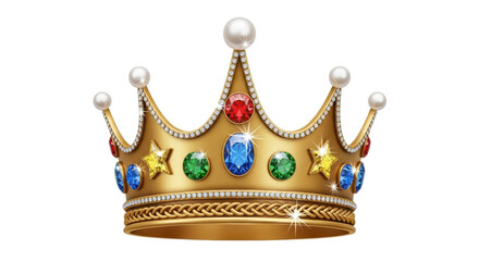 Luxury golden king's crown with colorful gemstones and pearls symbolizing royalty and wealth isolated PNG with Transparent Background