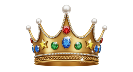 Luxury golden king's crown with colorful gemstones and pearls symbolizing royalty and wealth isolated PNG with Transparent Background