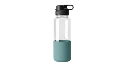 Clear reusable water bottle with teal protective silicone sleeve for fitness and lifestyle. isolated PNG with Transparent Background