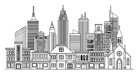 Obraz premium Detailed black and white skyline of a city with various buildings