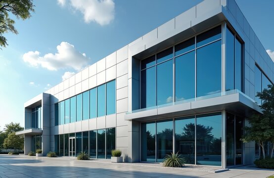 Modern commercial building exterior features metal panels. Glass windows, doors. Architecture reflects business, corporate identity. Blue sky above. Facade of company office. Signboard mockup.