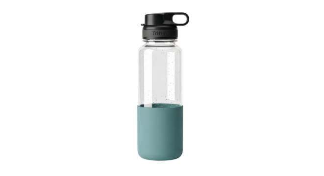 Clear reusable water bottle with teal protective silicone sleeve for fitness and lifestyle. isolated PNG with Transparent Background
