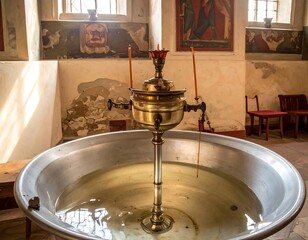 An interior shot capturing an old, ornate metal baptismal font in a church. Sunlight streams through windows, and faded paintings adorn the walls