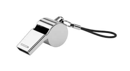 Shiny metal coach and referee whistle used for sports, training, safety, and official calls isolated PNG with Transparent Background