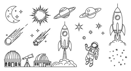 Fototapeta premium Space exploration elements, including planets, rockets, stars, and astronaut