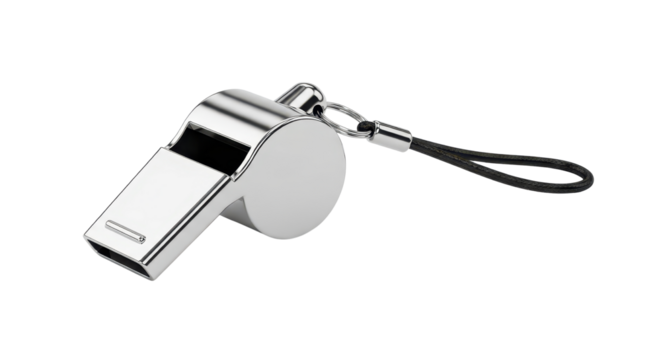Shiny metal coach and referee whistle used for sports, training, safety, and official calls isolated PNG with Transparent Background