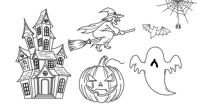 Halloween themed illustrations, featuring a haunted house, witch, and pumpkin
