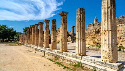 Fototapeta premium Ancient architectural remnants, showcasing weathered columns and a stone structure beneath a bright blue sky. A sunny day