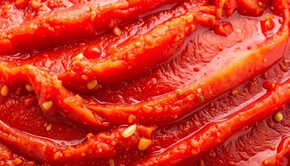 Vibrant Red Chili Paste Texture Background with Seeds, Spicy Food Ingredient Close-up