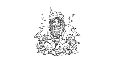 Hand drawn fantasy character a mystical creature with beard and horns