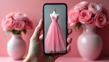 Woman views pink dress on phone screen. Online shopping concept with pink background, roses. Fashion retail via mobile application. E-commerce app new collection clothing on modern smartphone.