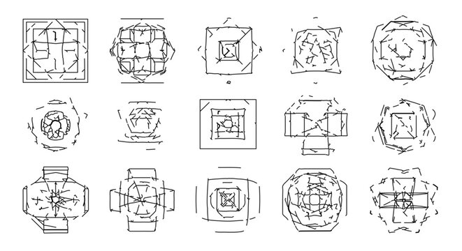 Collection of architectural sketches, showcasing different building designs and layouts