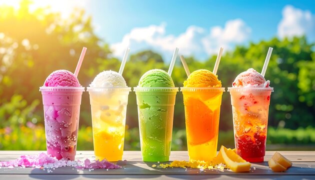 Array of colorful frozen beverages with straws in clear plastic cups against a blurred sunny background, representing refreshment