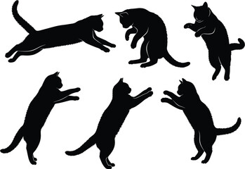 Black cat silhouette collection, jumping, playing, standing, isolated on white background, vector animal pose set for design, decoration, print