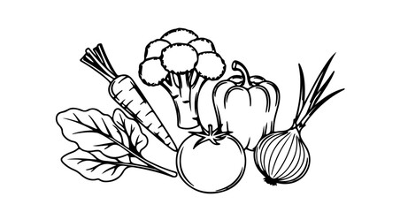 Illustration of various vegetables, including carrot, broccoli, pepper, tomato, and onion