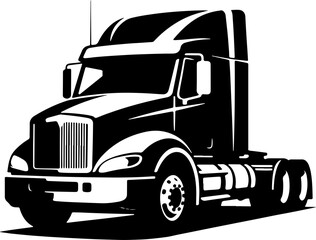 bold black and white vector illustration of a powerful semi-truck or tractor-trailer with a no cargo container, viewed from the front-side angle.