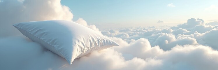 White soft pillow floating among fluffy clouds in blue sky. Comfortable cushion on cloudscape symbolizes peaceful dreams, deep relaxation. This surreal scene suggests heavenly sleep, gentle rest.