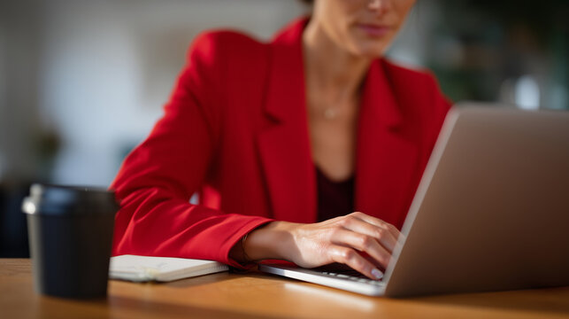 Close-up of a professional woman typing on a laptop in a modern office, wearing a red blazer, elegant business style, focus and productivity atmosphere, warm natural light, wooden