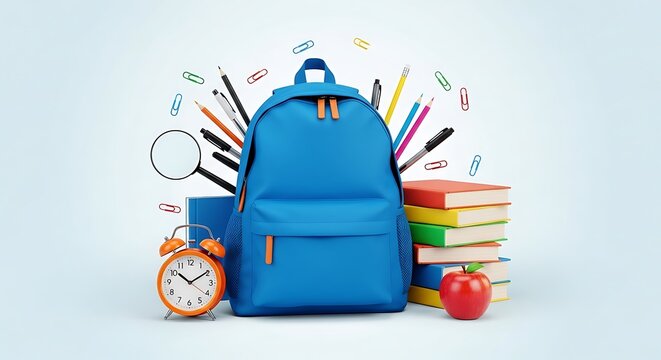 Blue backpack with school supplies like books, alarm clock, and pencils on a light blue background