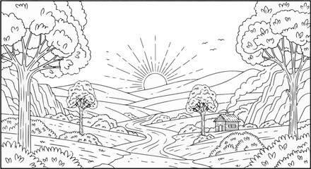 Fototapeta premium Serene landscape with sunrise over hills, trees, and a small house