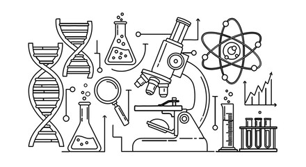 Science and laboratory equipment in line art style microscope, dna, atom, flasks