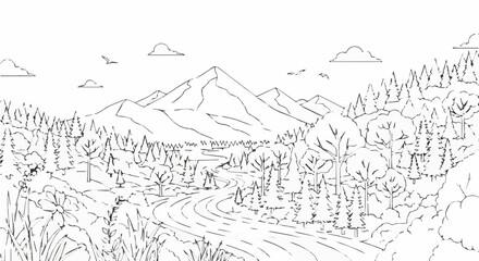 Obraz premium Scenic mountain landscape with winding road, trees, and birds line art illustration