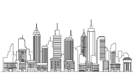 Obraz premium Detailed city skyline with various skyscrapers and buildings line art illustration