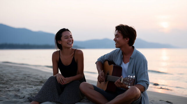 Romantic moment of young couple at the beach, woman playing guitar, man smiling with drink in hand, sunset light reflecting on sand, mountains and sea in background, carefree and j