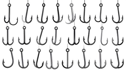 Array of metallic fishing hooks, single and treble, suspended in even rows against a pure white background. Various hook designs are shown