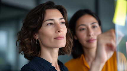 Two creative women brainstorming ideas in modern office, placing sticky notes on glass wall, teamwork and innovation concept, natural daylight reflection, focus and collaboration,