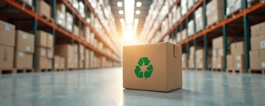 Cardboard box with recycling symbol in futuristic warehouse shows eco friendly business. Sustainable package at storage. Recycle reduces footprint. Boxes represent supply chain logistic and delivery. - Powered by Adobe