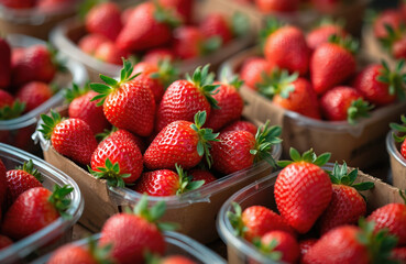 Fresh ripe strawberries fill cardboard containers. Juicy red berries are ready for sale at a market. Delicious natural fruit for eating and cooking.