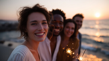 Group of joyful friends celebrating on the beach at sunset, holding sparklers and laughing together, ocean waves in the background, golden light, carefree summer evening atmosphere