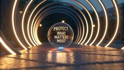 A glowing sphere with text inside a metallic tunnel