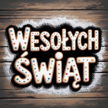 Świąteczny napis &bdquo;Wesołych Świąt&rdquo; z dekoracjami, kolorowe światła, przytulna i radosna atmosfera Bożego Narodzenia, idealny do baner&oacute;w, kartek i grafik świątecznych.