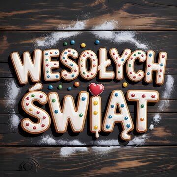 Świąteczny napis &bdquo;Wesołych Świąt&rdquo; z dekoracjami, kolorowe światła, przytulna i radosna atmosfera Bożego Narodzenia, idealny do baner&oacute;w, kartek i grafik świątecznych.
