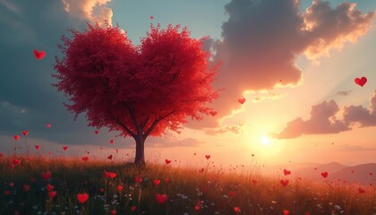 Heart shaped tree illustration in landscape view. Red leaves tree stands on grassy field with hearts. Clouds, sunset sky background in love romance artwork. Valentines day celebration inspiration